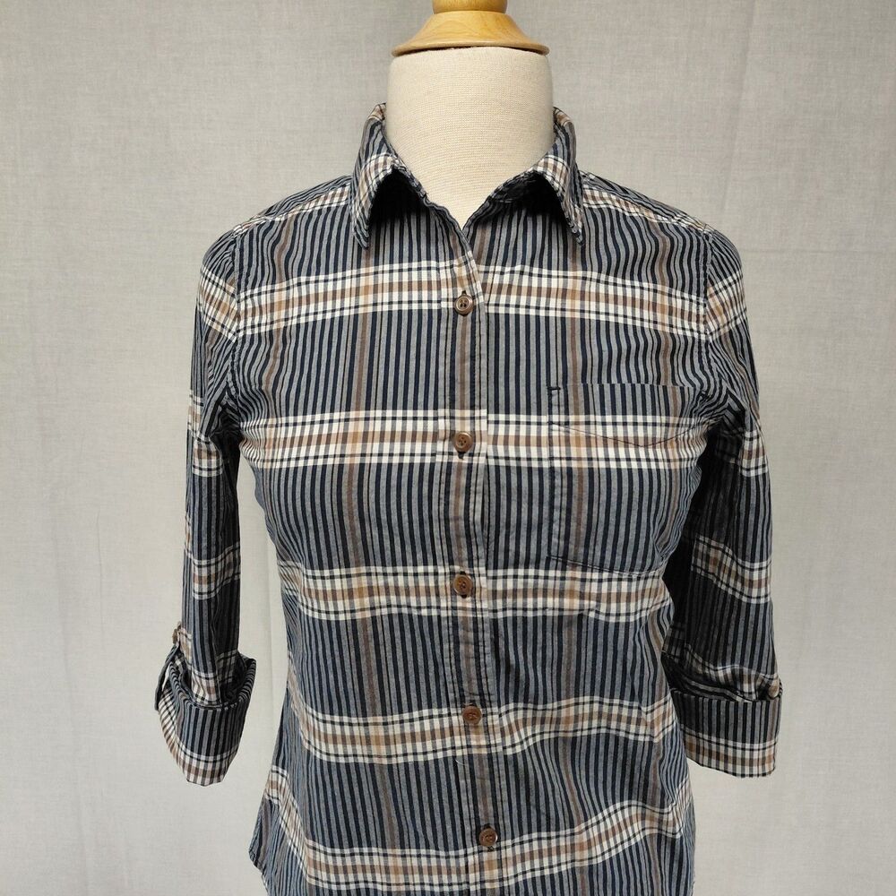 Pendelton Plaid  Button-up Rolled-Sleeve Blouse with Collar Navy/ Tan Sz XS - Picture 3 of 8